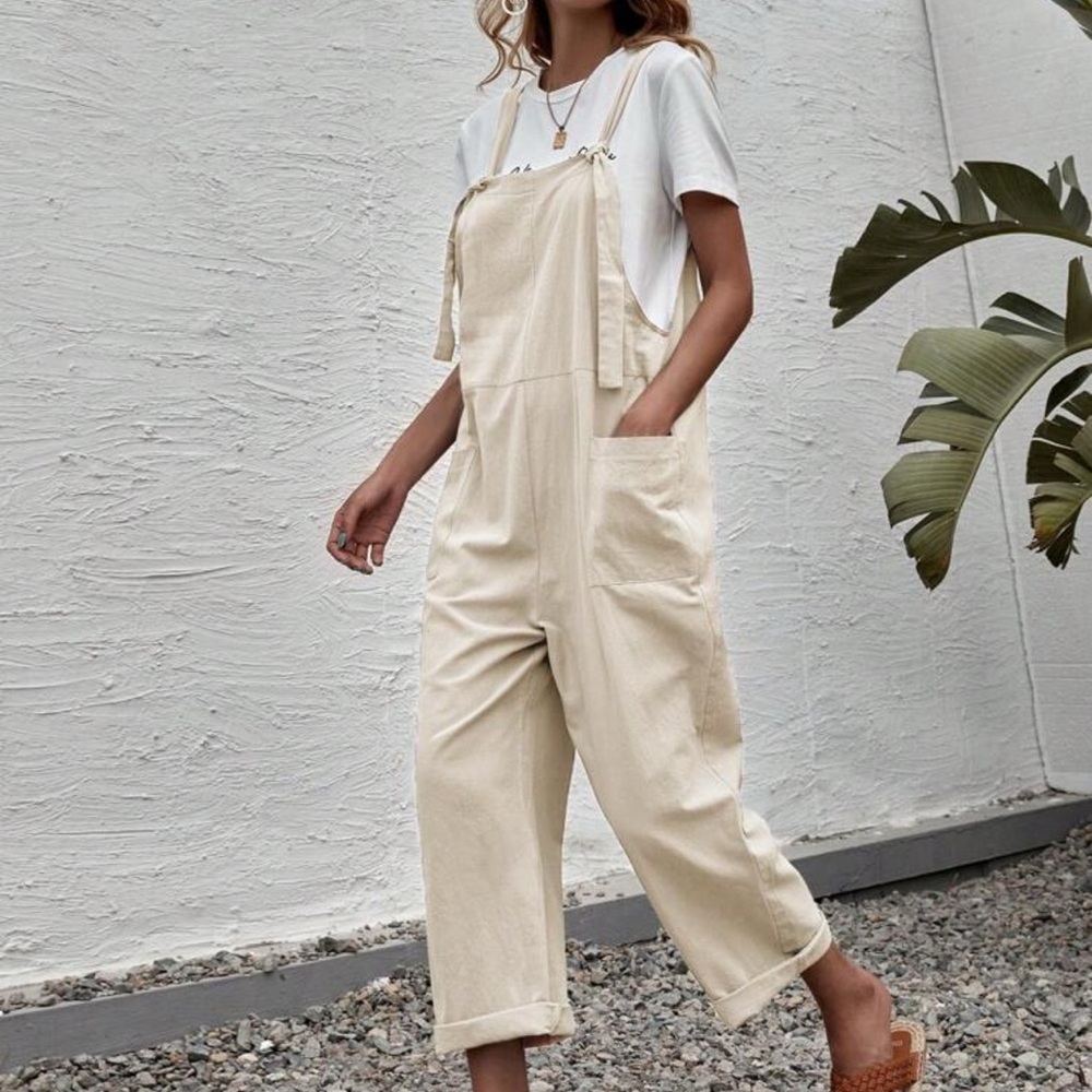 SHEIN Cream Overalls Relaxed Fit Wide Leg